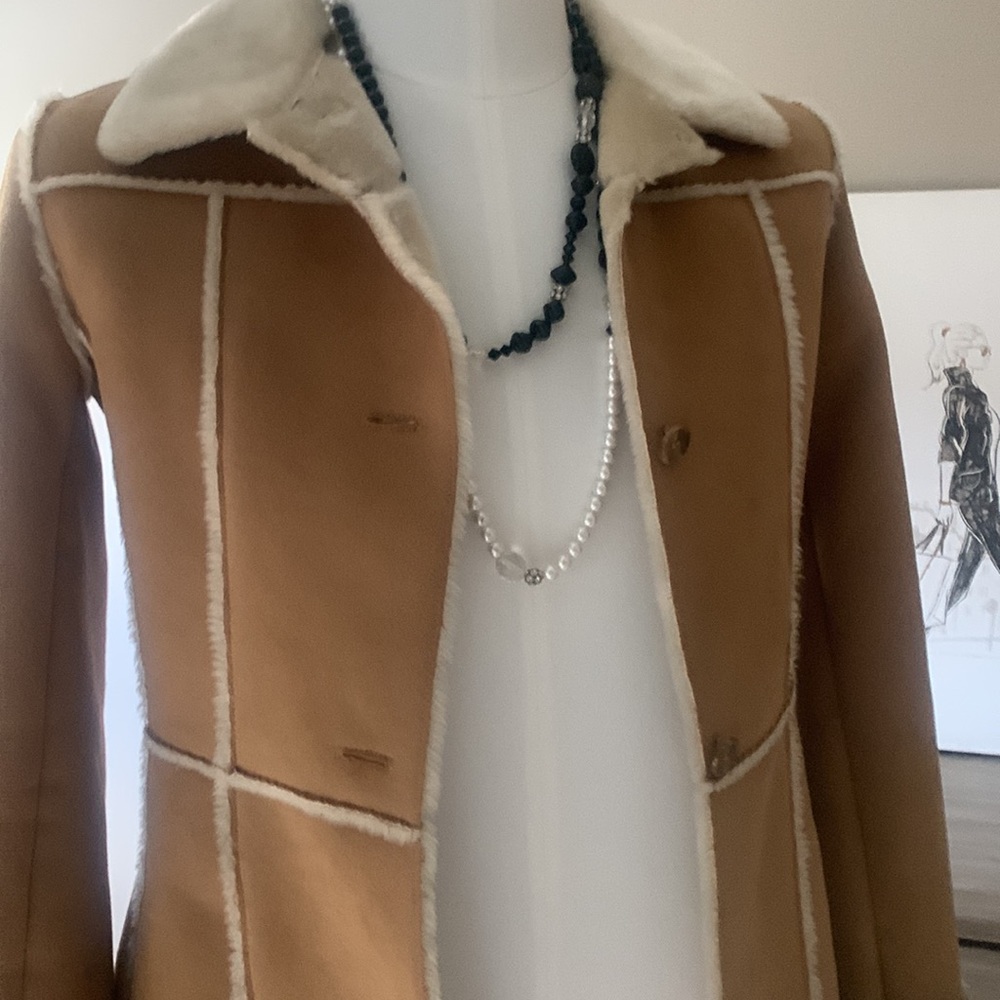 Andrew Marc Chestnut Brown Shearling Pea Coat with Cream Trim
